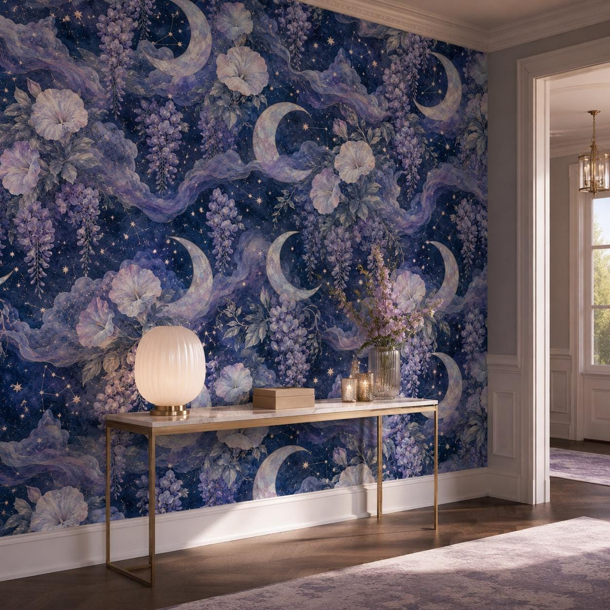 Celestial moon and wisteria wallpaper in a hallway with a slim console table and globe table lamp