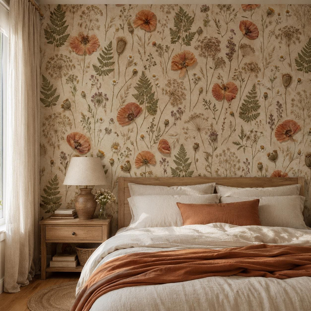 Pressed flower wallpaper behind a bed with rust and cream bedding and a wooden nightstand