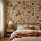 Pressed flower wallpaper behind a bed with rust and cream bedding and a wooden nightstand