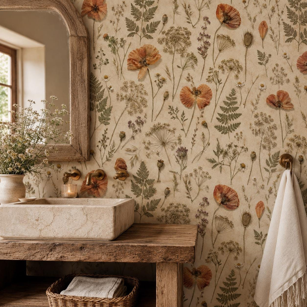 Pressed flower wallpaper in a bathroom with a stone basin, brass taps and arched mirror