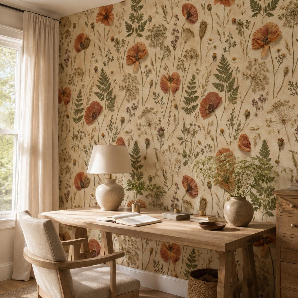 Pressed flower wallpaper in a home office with a wooden desk, table lamp and armchair