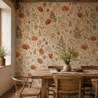 Pressed flower wallpaper in a dining room with a rustic wooden table and woven chairs