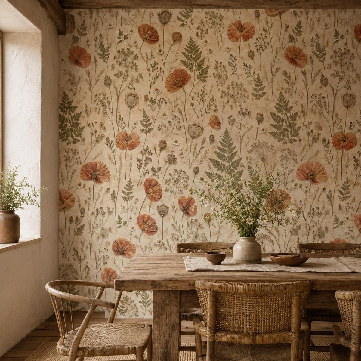 Pressed flower wallpaper in a dining room with a rustic wooden table and woven chairs