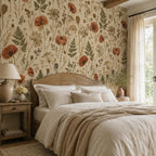Pressed flower wallpaper in a bedroom with a cane headboard, linen bedding and window