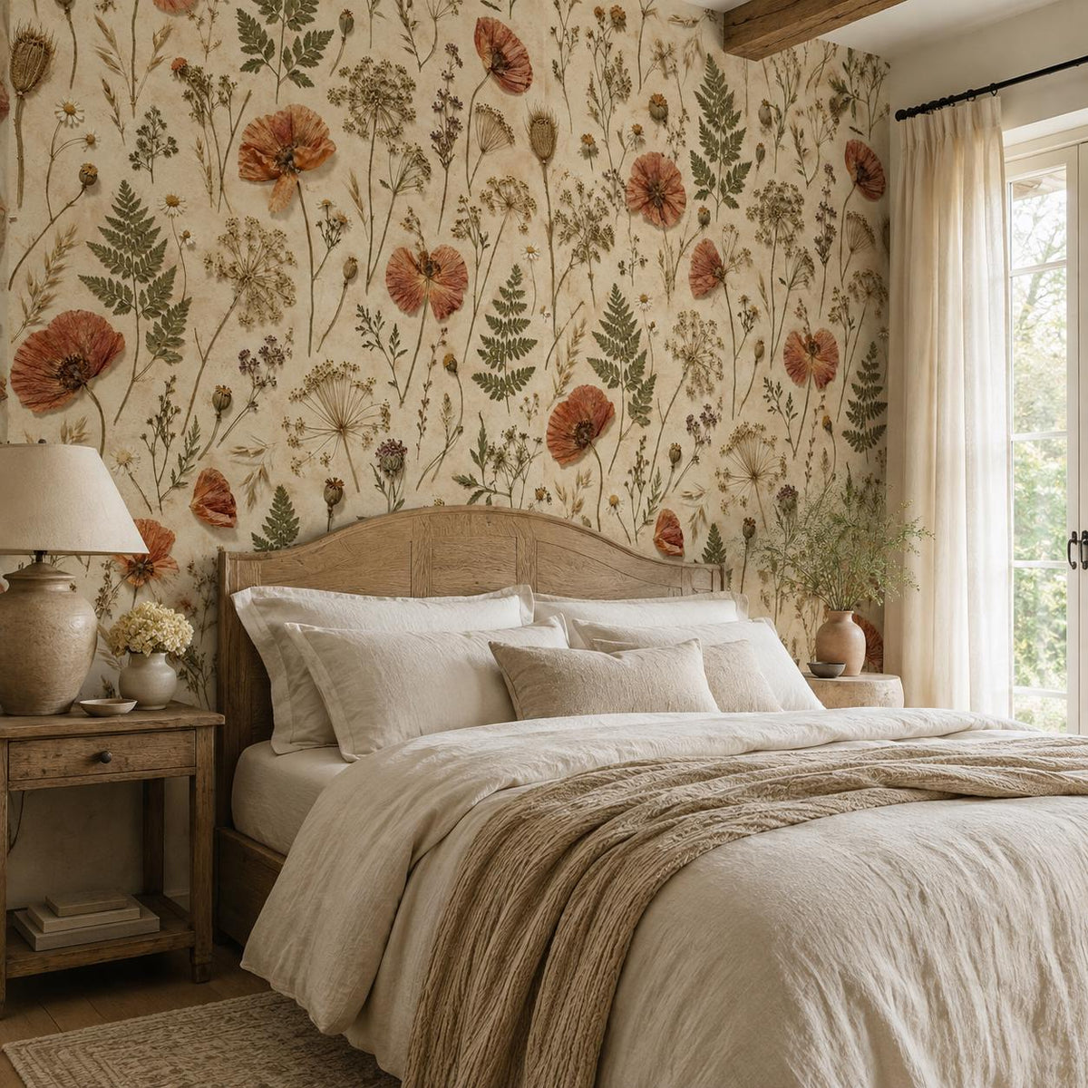 Pressed flower wallpaper in a bedroom with a cane headboard, linen bedding and window