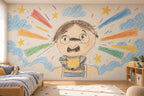 Personalized kids drawing wallpaper shown as a custom child art mural in a bright modern children's bedroom