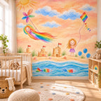 Personalized seaside mural made from a child's drawing, shown behind a wooden crib in a warm nursery