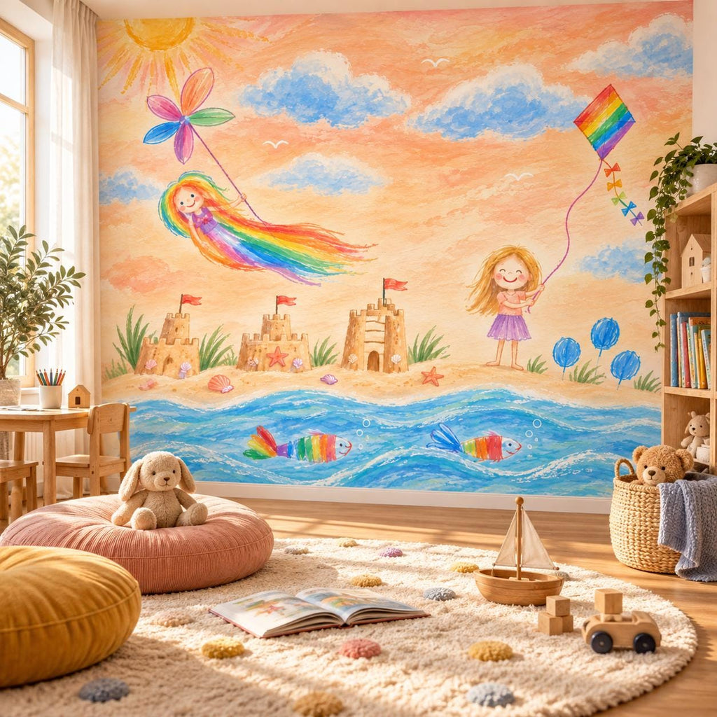 Colorful child art beach wallpaper in a playroom with soft floor cushions, toys and natural wood furniture.