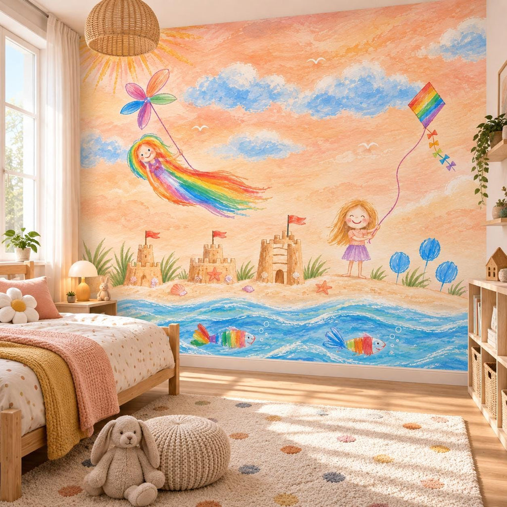 Custom kids drawing wall mural with rainbow hair, a kite and ocean waves in a cozy children's bedroom