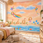 Custom kids drawing wall mural with rainbow hair, a kite and ocean waves in a cozy children's bedroom