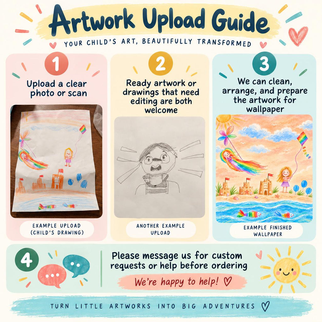 Artwork upload guide: clear photos or scans, ready artwork or drawings for editing; message us before ordering for custom requests.