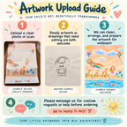Artwork upload guide: clear photos or scans, ready artwork or drawings for editing; message us before ordering for custom requests.
