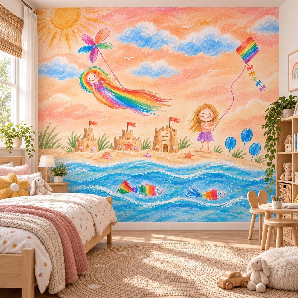 Personalized rainbow beach wallpaper in a sunlit children's bedroom with a wooden bed and woven rug