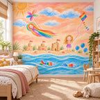 Personalized rainbow beach wallpaper in a sunlit children's bedroom with a wooden bed and woven rug