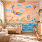 Child drawing wallpaper in a Scandinavian nursery with a wooden crib, armchair and soft natural colors.