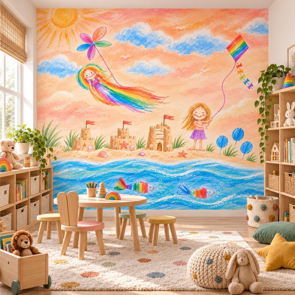 Custom child artwork mural in a creative playroom with a small wooden table, chairs and toy storage.