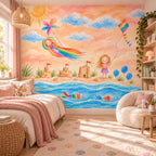 Personalized child art wallpaper in a pink children's bedroom with soft bedding and a rounded chair