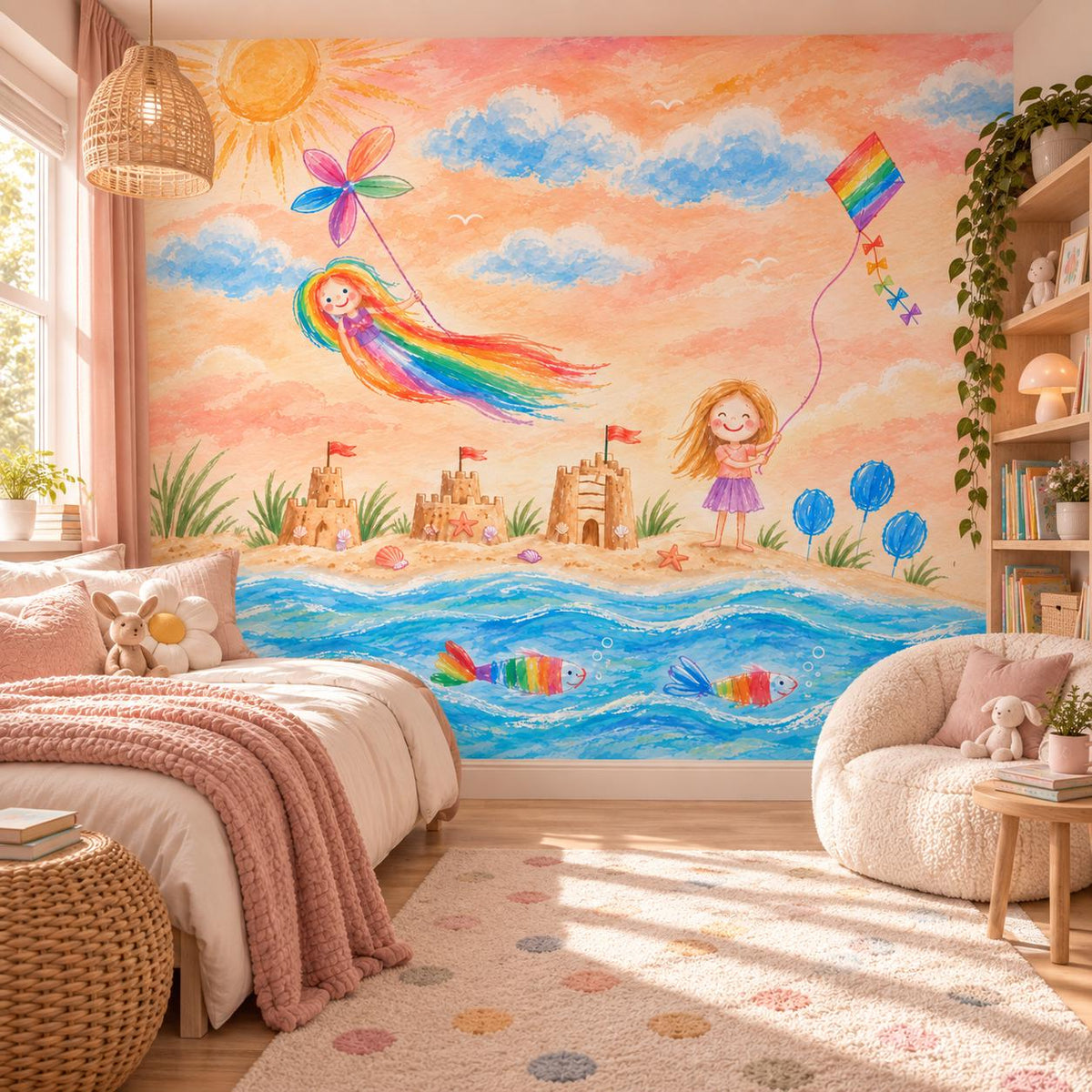 Personalized child art wallpaper in a pink children's bedroom with soft bedding and a rounded chair