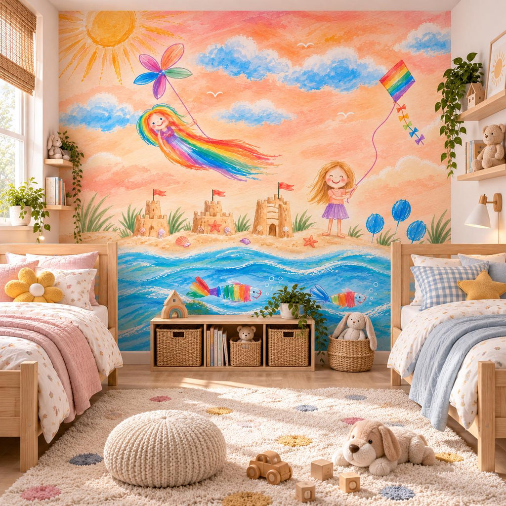 Custom seaside drawing wallpaper in a shared children's bedroom with two beds and toy storage