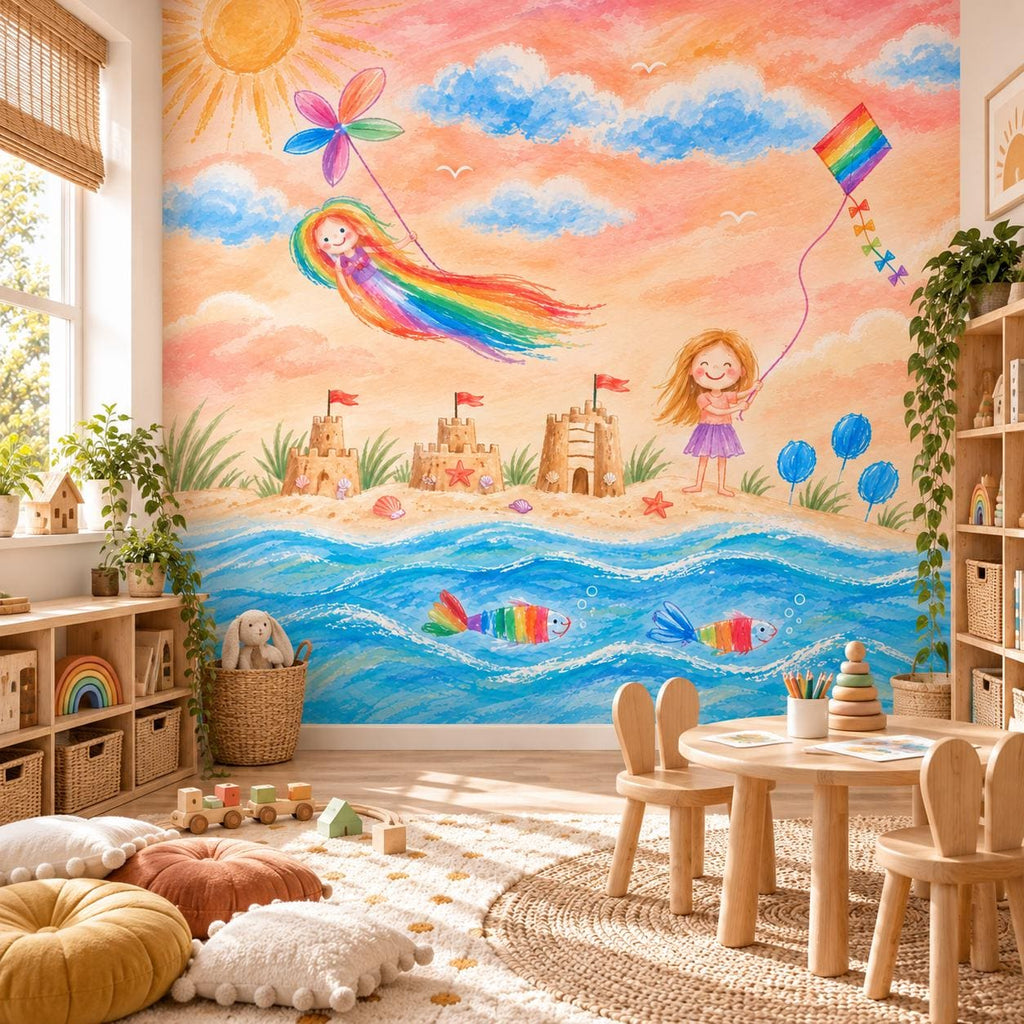 Child drawing wallpaper in a sunny playroom with a wooden activity table and cushions.