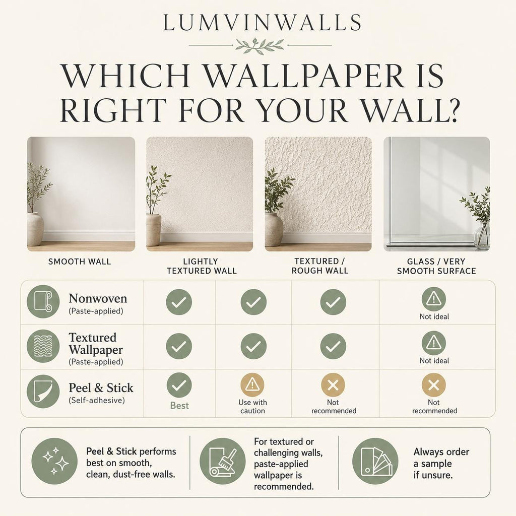 Deep green rainy forest mural chart matching wallpaper types to smooth, textured and glass walls