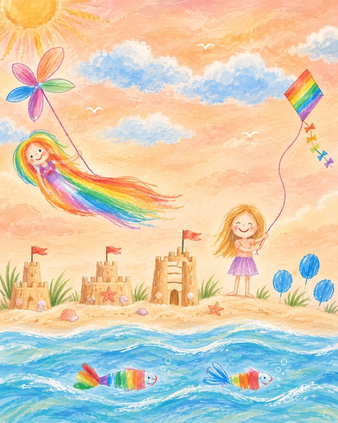 Example of a child's colorful hand drawn artwork professionally adapted into a custom wallpaper mural design
