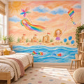 Custom child artwork wallpaper with a colorful beach scene in a bright kids bedroom with a wooden bed.