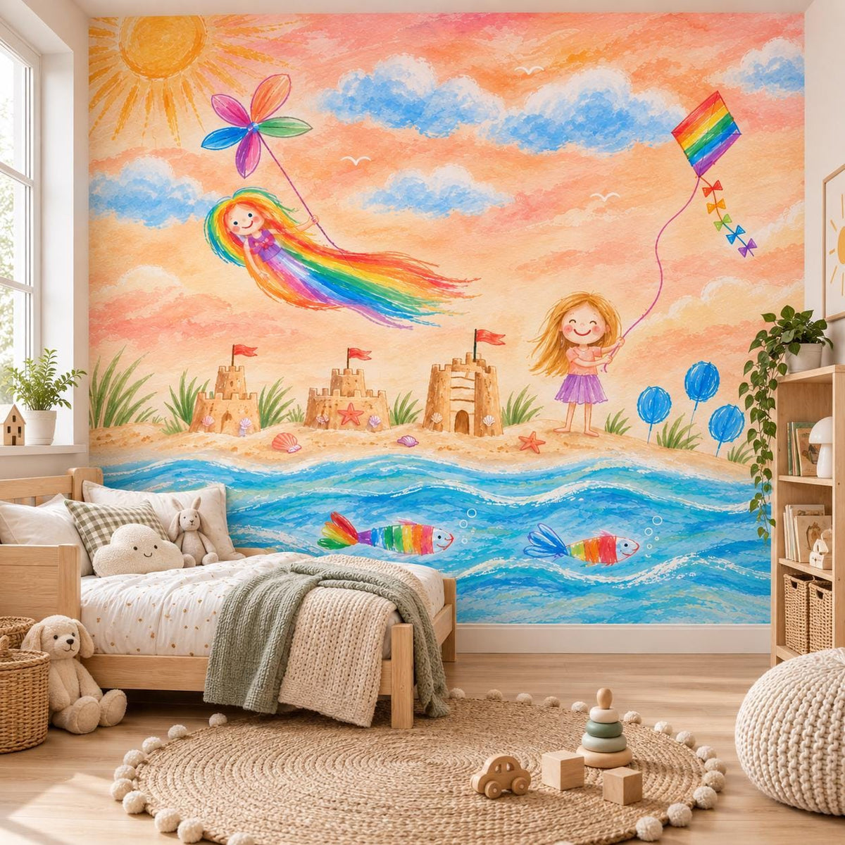 Rainbow beach mural adapted from a child's drawing in a kids bedroom with a round rug and wooden toys