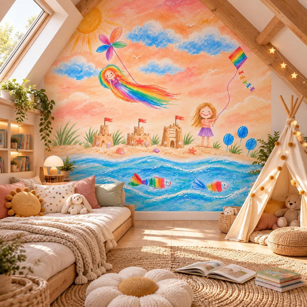 Child art wallpaper on an attic playroom wall with a skylight, wooden beams and a play tent.