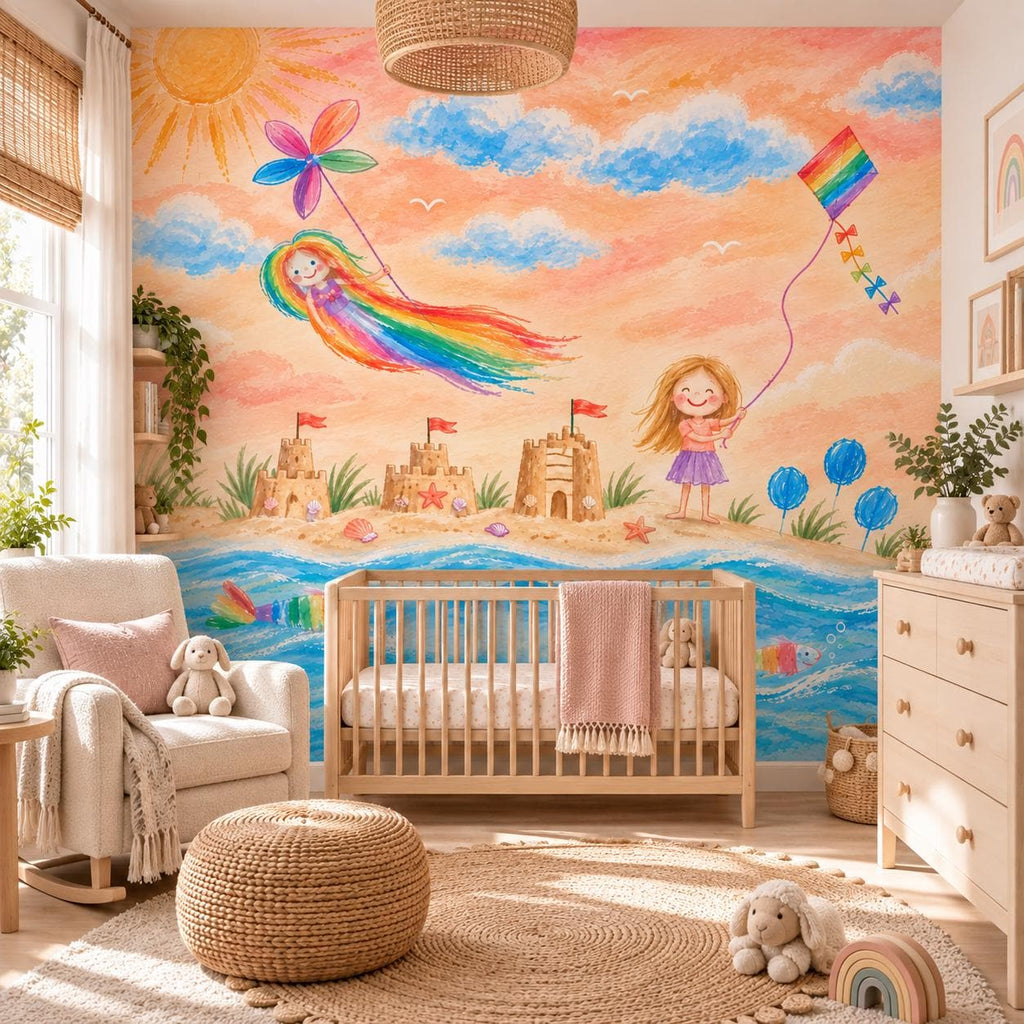 Personalized rainbow beach mural in a bright nursery with a wooden crib and a woven pendant lamp.