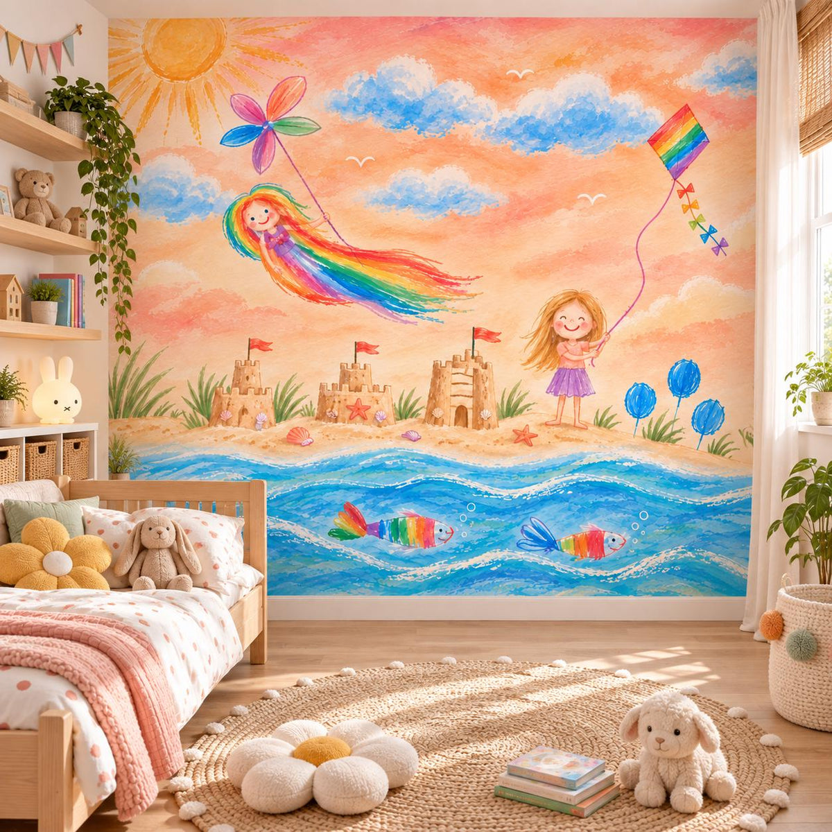 Custom rainbow beach wallpaper in a toddler room with a low bed, books and a flower shaped cushion.