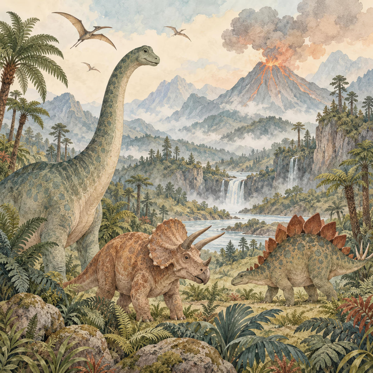 Dinosaur landscape mural full design with a brachiosaurus, triceratops and stegosaurus by a volcano