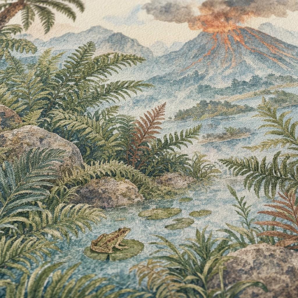 Dinosaur landscape mural detail of the lake, ferns, frog and smoking volcano