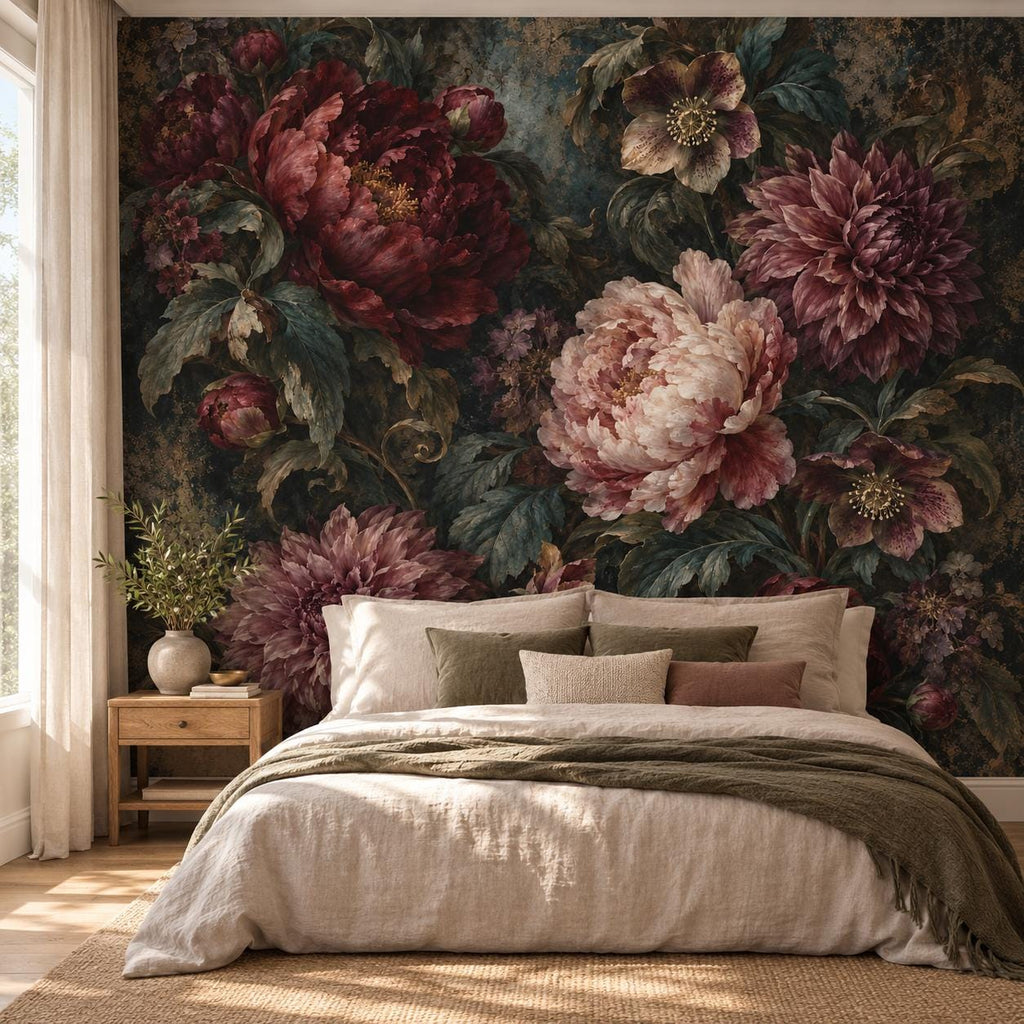 Moody Floral Wallpaper — bedroom