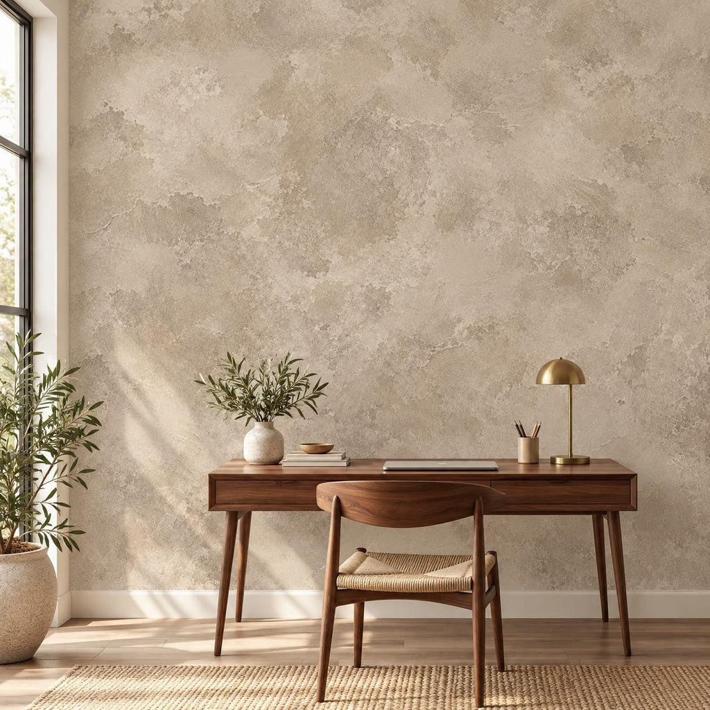Mushroom Taupe Plaster Wallpaper — home office