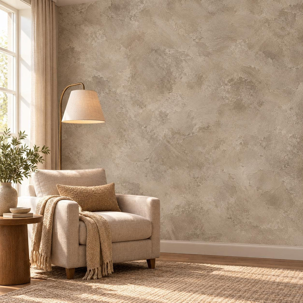 Mushroom Taupe Plaster Wallpaper — reading nook