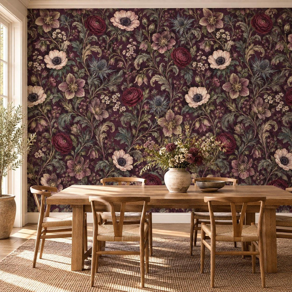 Deep Plum Floral Wallpaper — dining room