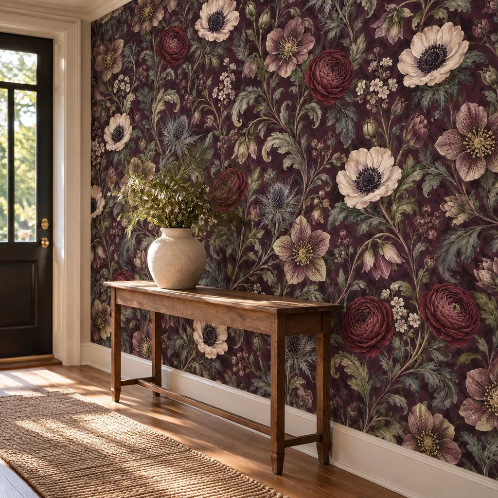 Deep Plum Floral Wallpaper — entryway