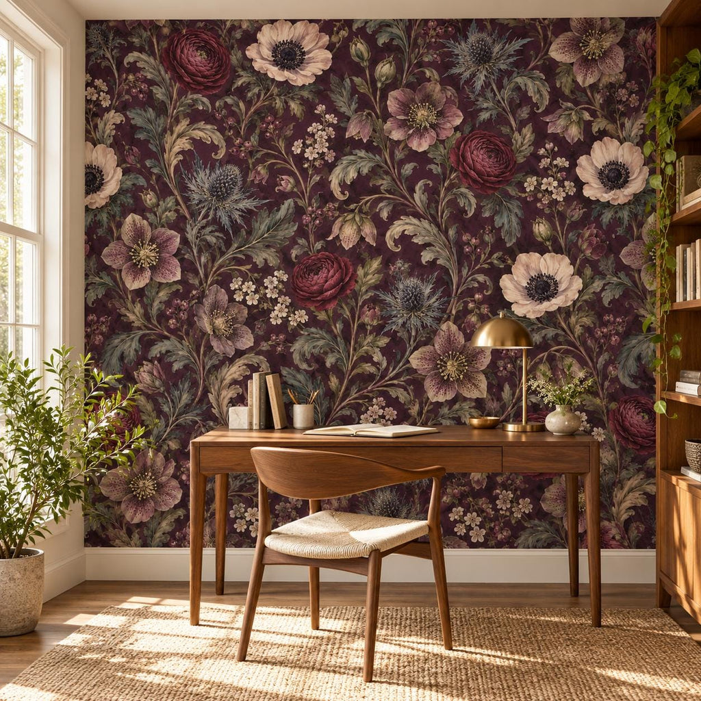Deep Plum Floral Wallpaper — home office