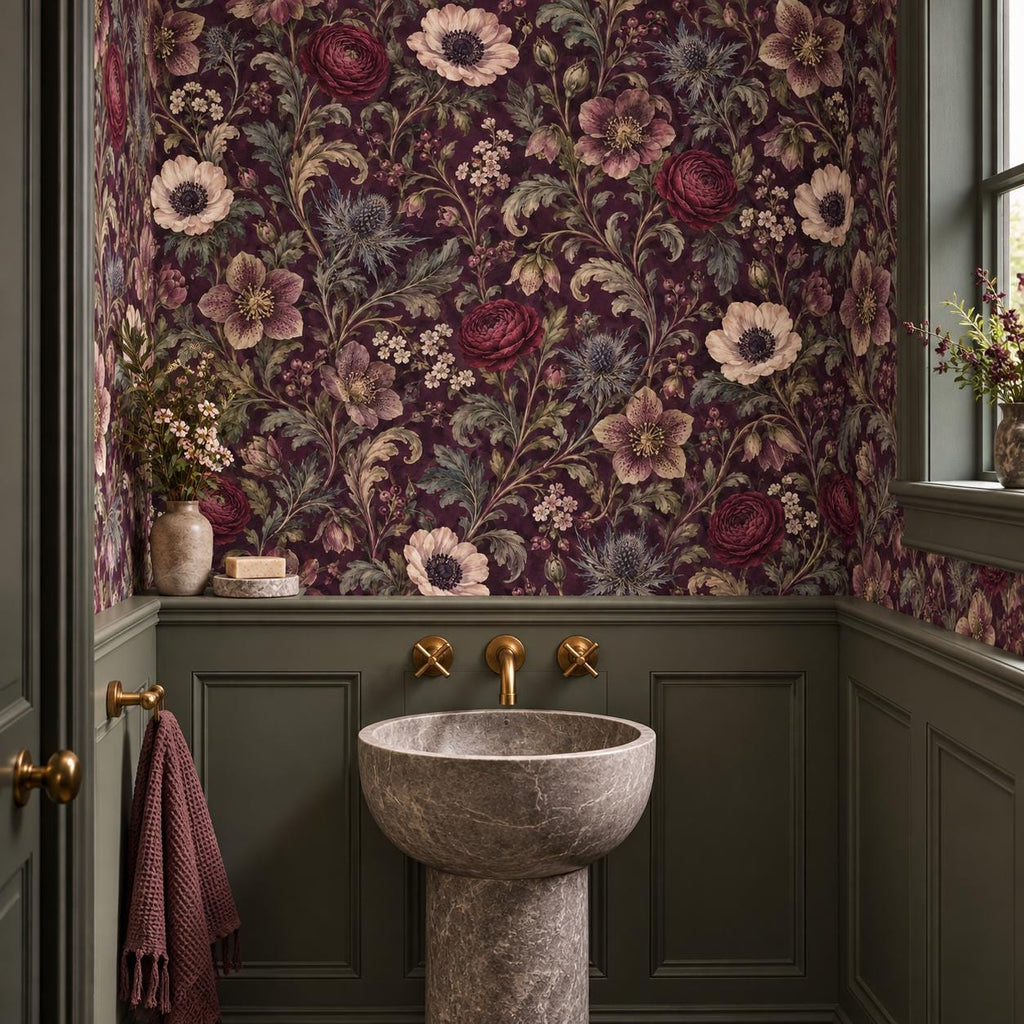 Deep Plum Floral Wallpaper — powder room