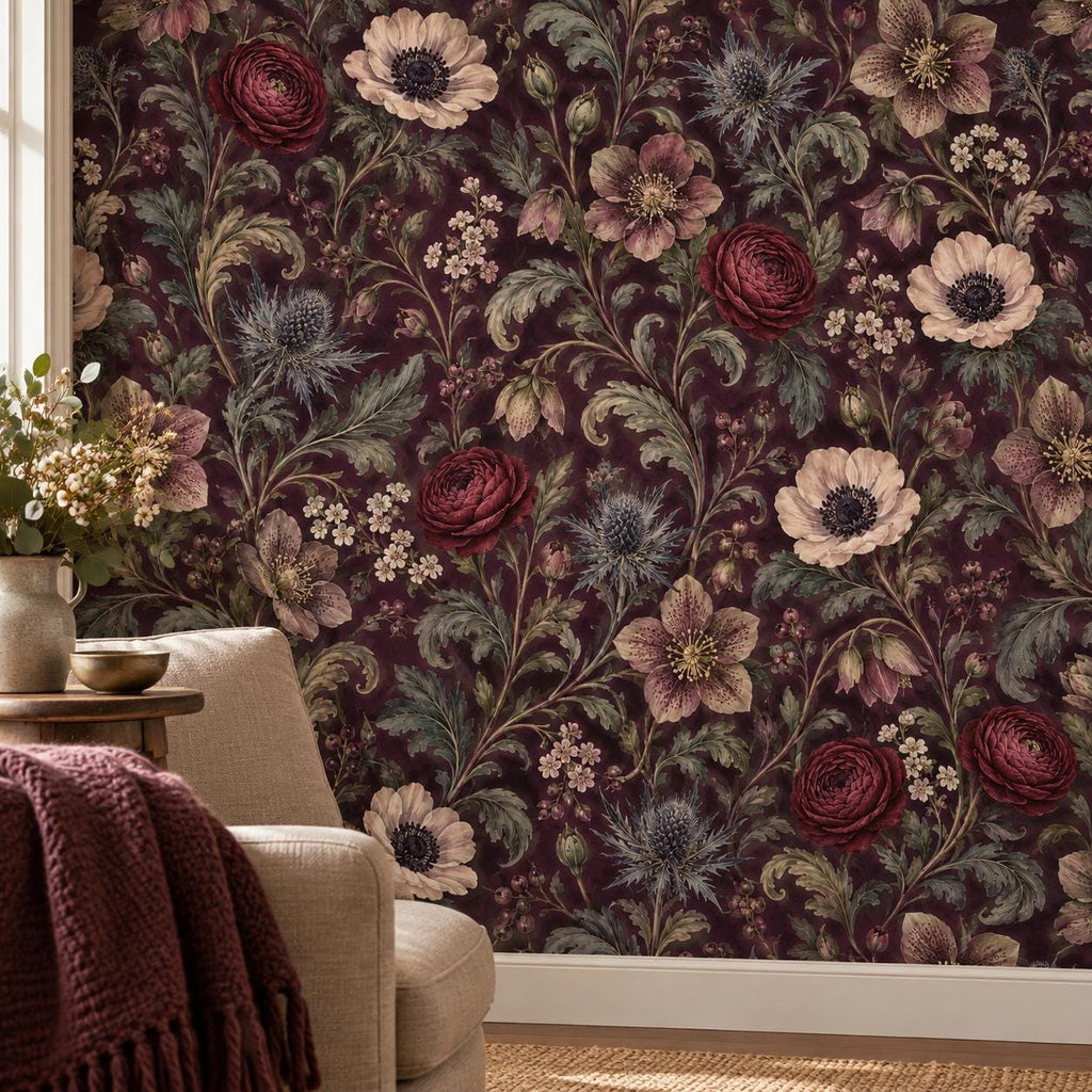 Deep Plum Floral Wallpaper — wall detail