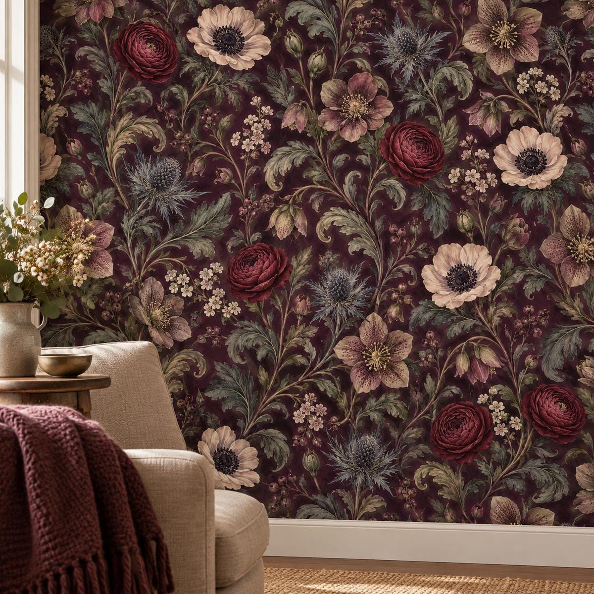 Deep Plum Floral Wallpaper — wall detail