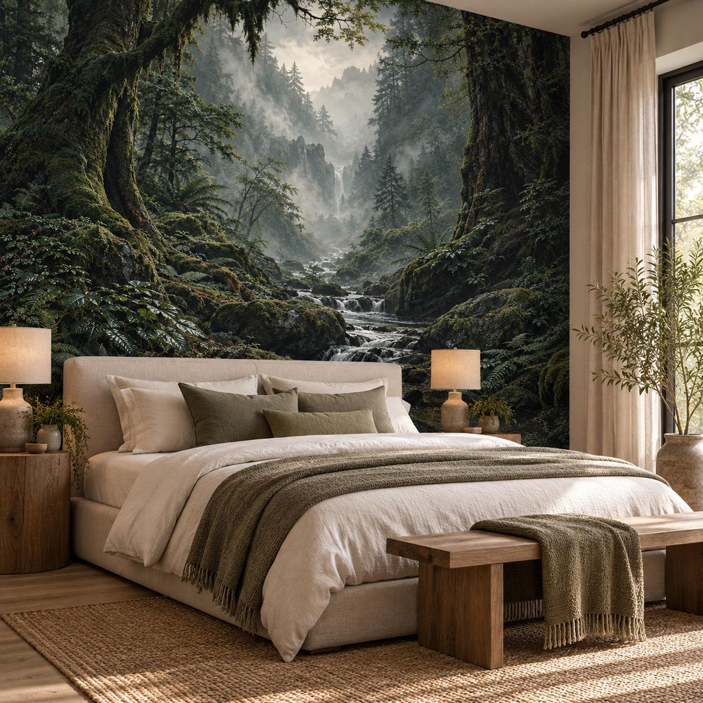Deep Green Forest Wallpaper — guest room