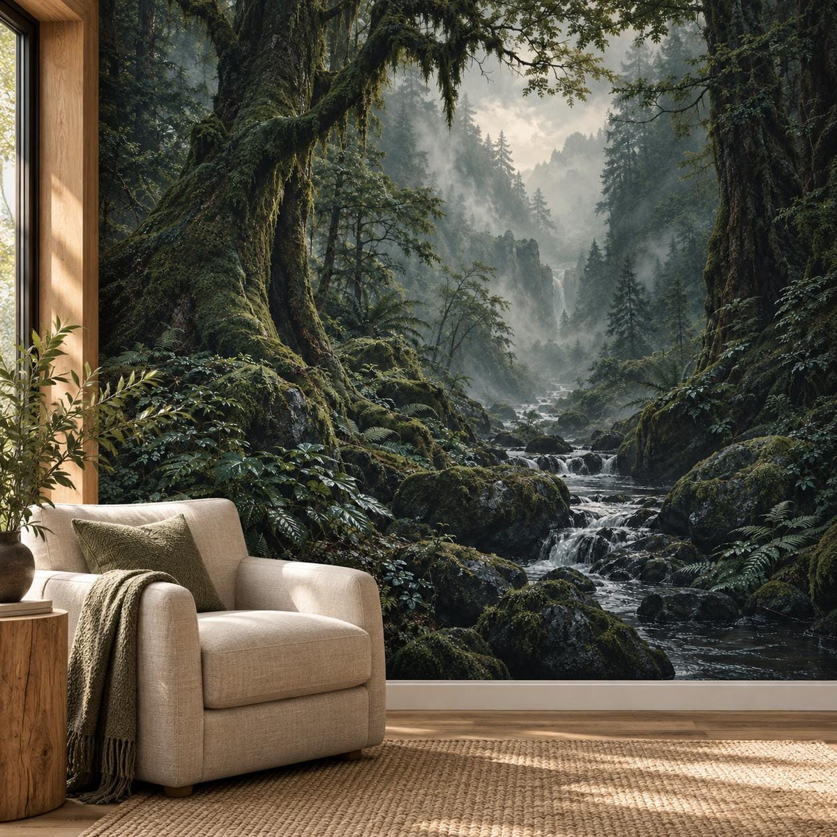 Deep Green Forest Wallpaper — wall detail