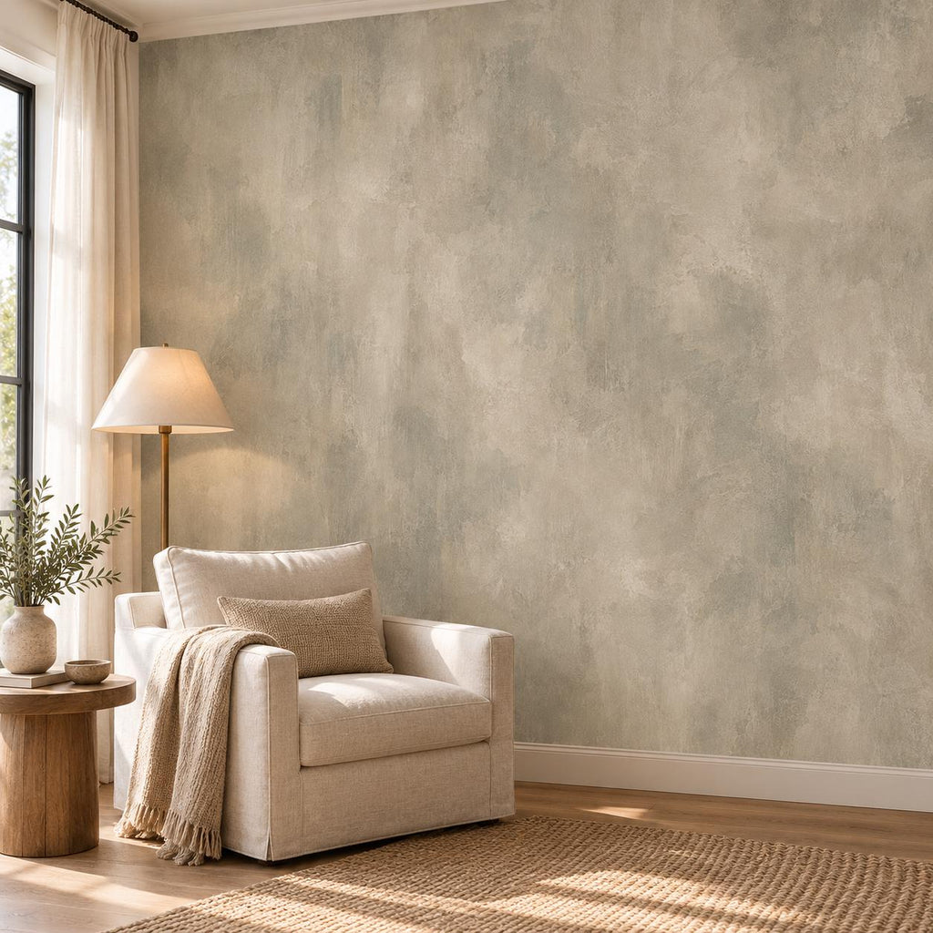 Greige Limewash Wallpaper — reading nook