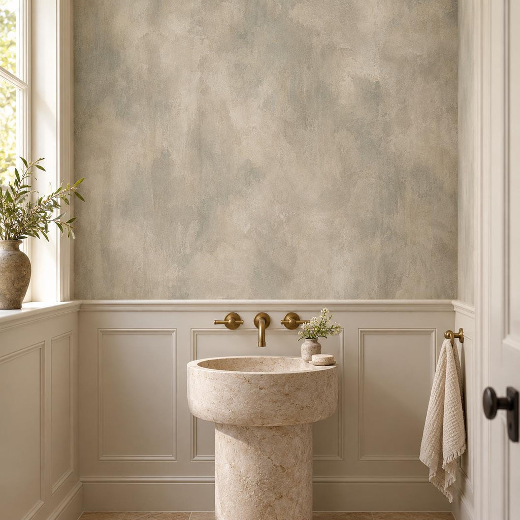 Greige Limewash Wallpaper — powder room