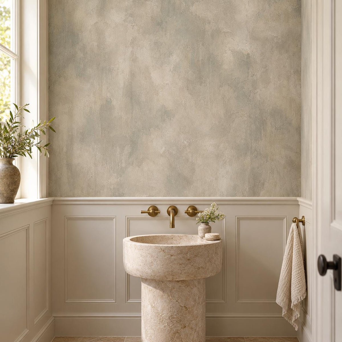 Greige Limewash Wallpaper — powder room