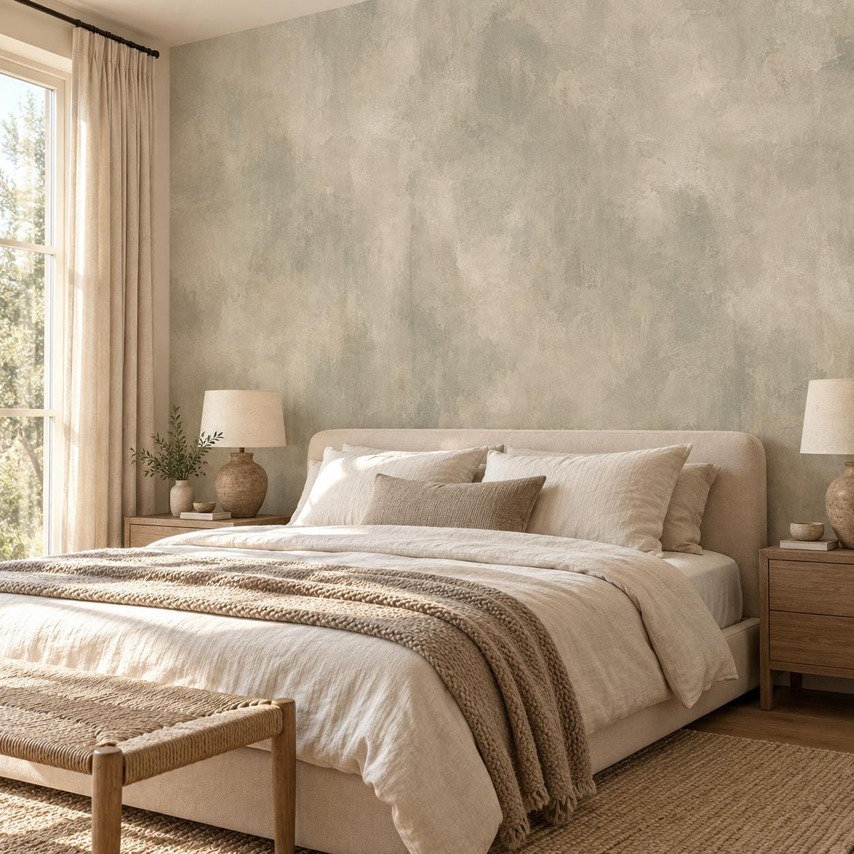 Greige Limewash Wallpaper — guest room