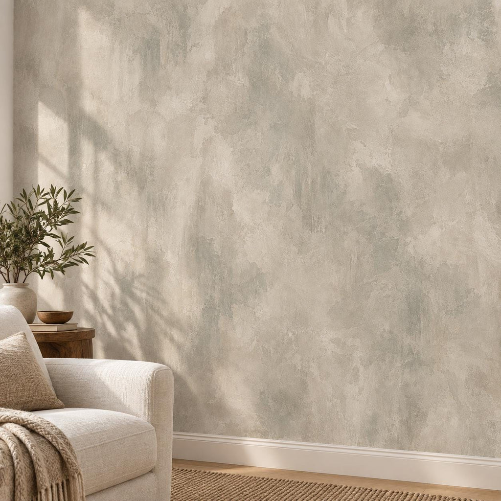 Greige Limewash Wallpaper — wall detail