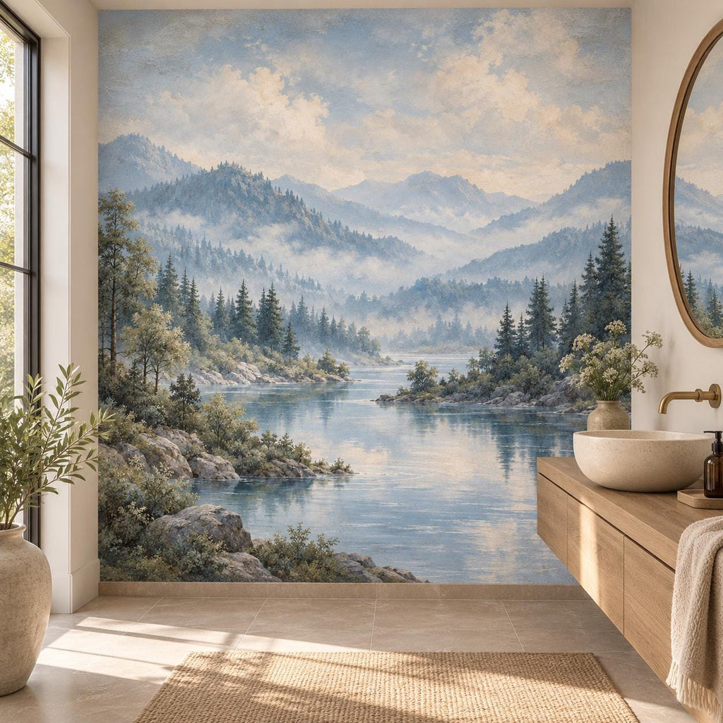 Powder Blue Forest: powder room wallpaper mockup